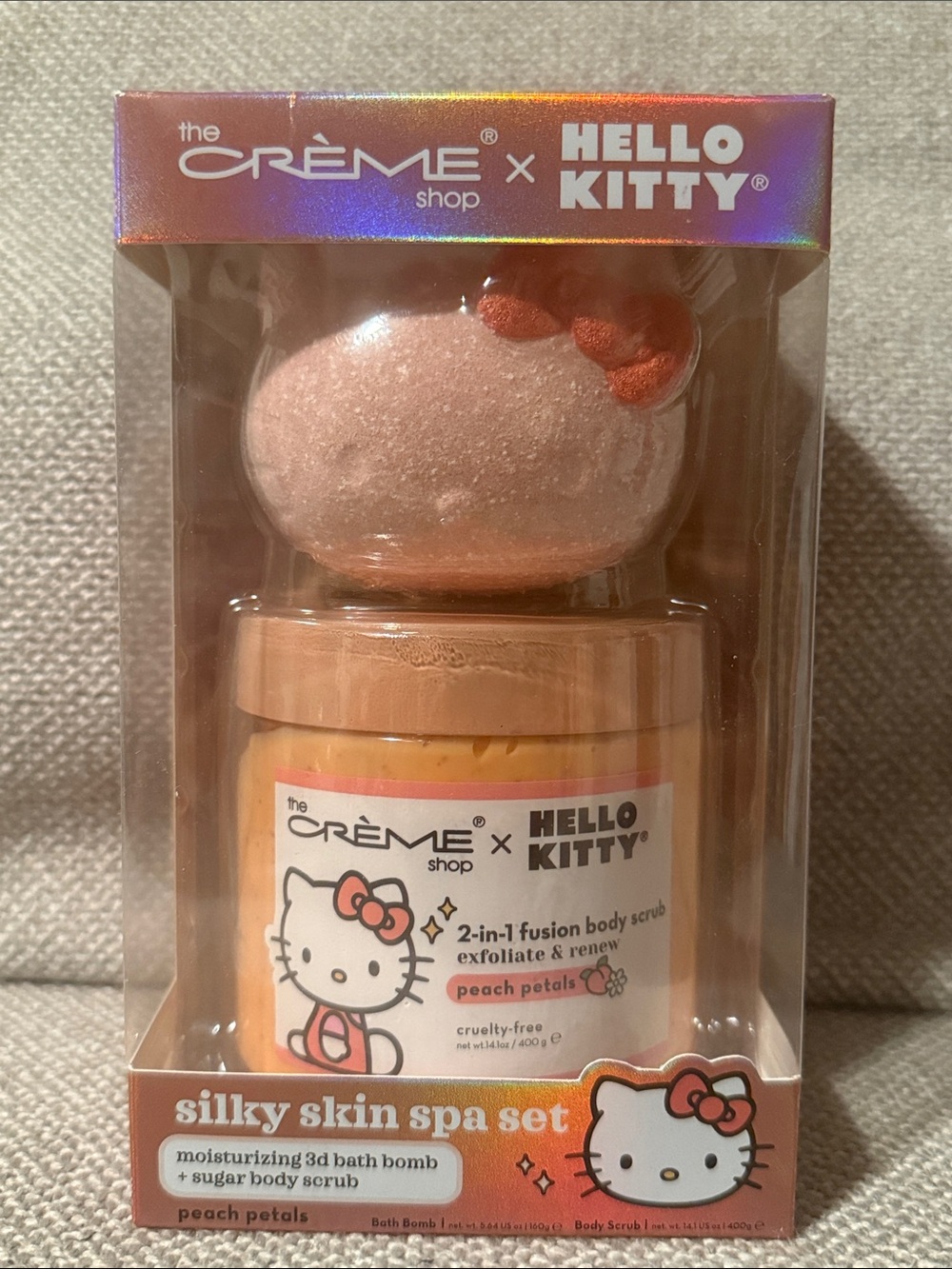 Creme Shop Hello Kitty Peach Petals Silky Skin body scrub and bath bomb